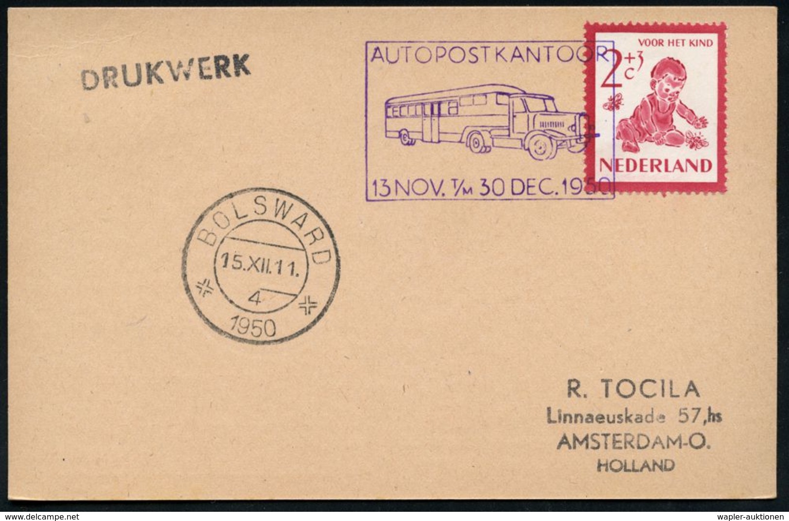 FAHRBARE & MOBILE POSTÄMTER : NIEDERLANDE 1950 viol. Mobilpost-Sonderstempel: AUTOPOSTKANTOOR/13.NOV. t/M 30 DEC. 1950 =