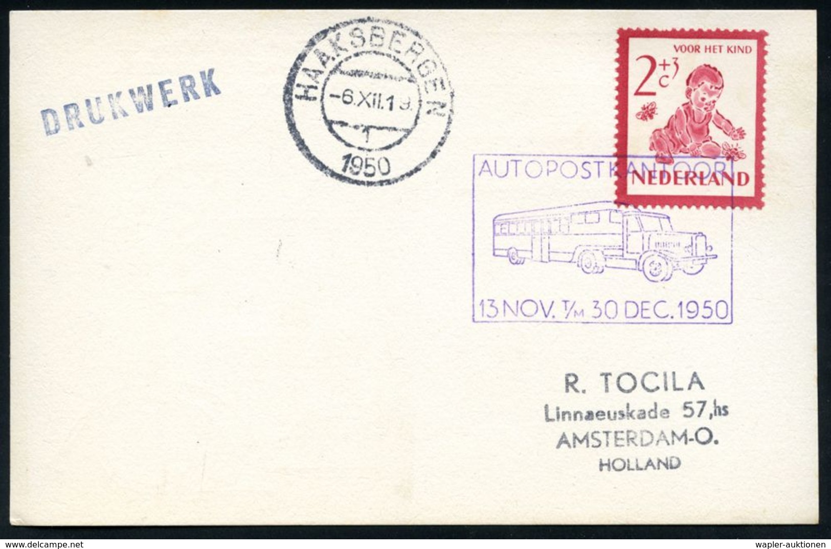 FAHRBARE & MOBILE POSTÄMTER : NIEDERLANDE 1950 viol. Mobilpost-Sonderstempel: AUTOPOSTKANTOOR/13.NOV. t/M 30 DEC. 1950 =