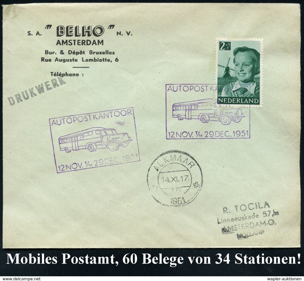 FAHRBARE & MOBILE POSTÄMTER : NIEDERLANDE 1951 Viol. Mobilpost-Sonderstempel: AUTOPOSTKANTOOR/12 NOV. T/M 29 DEC. 1951 = - Voitures