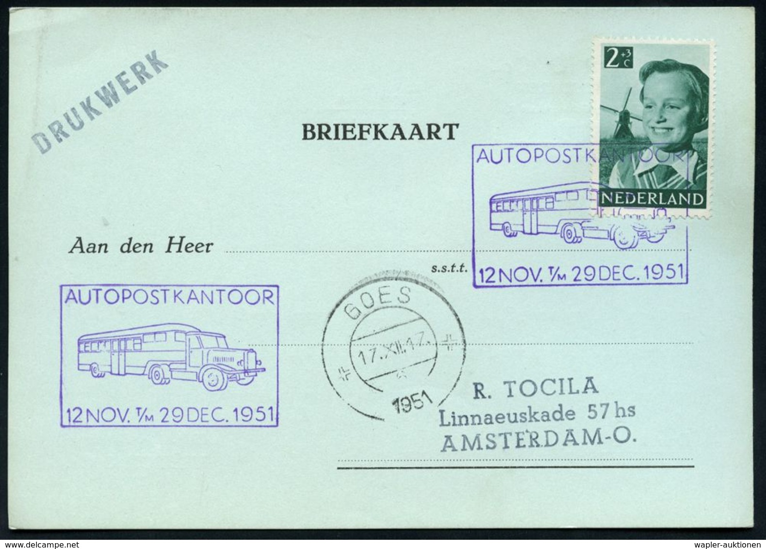 FAHRBARE & MOBILE POSTÄMTER : NIEDERLANDE 1951 viol. Mobilpost-Sonderstempel: AUTOPOSTKANTOOR/12 NOV. T/M 29 DEC. 1951 =