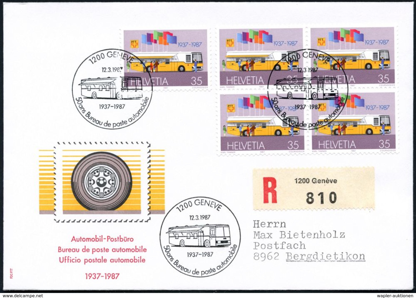 FAHRBARE & MOBILE POSTÄMTER : SCHWEIZ 1987 (12.3.) SSt: 1200 GENEVE/50 Ans Bureau De Poste Automobile (mobiles PA) 3x Au - Autos