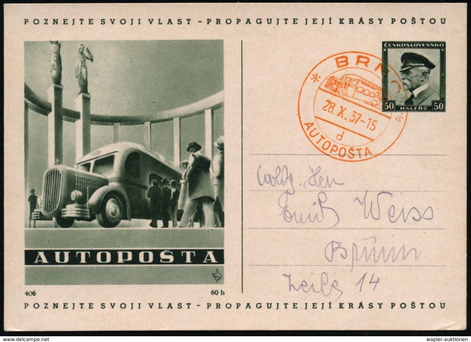 FAHRBARE & MOBILE POSTÄMTER : TSCHECHOSLOWAKEI 1937 (28.10.) Orange SSt.: BRNO/d/AUTOPOSTA (= Mobiles PA) Motivgleiche B - Automobili