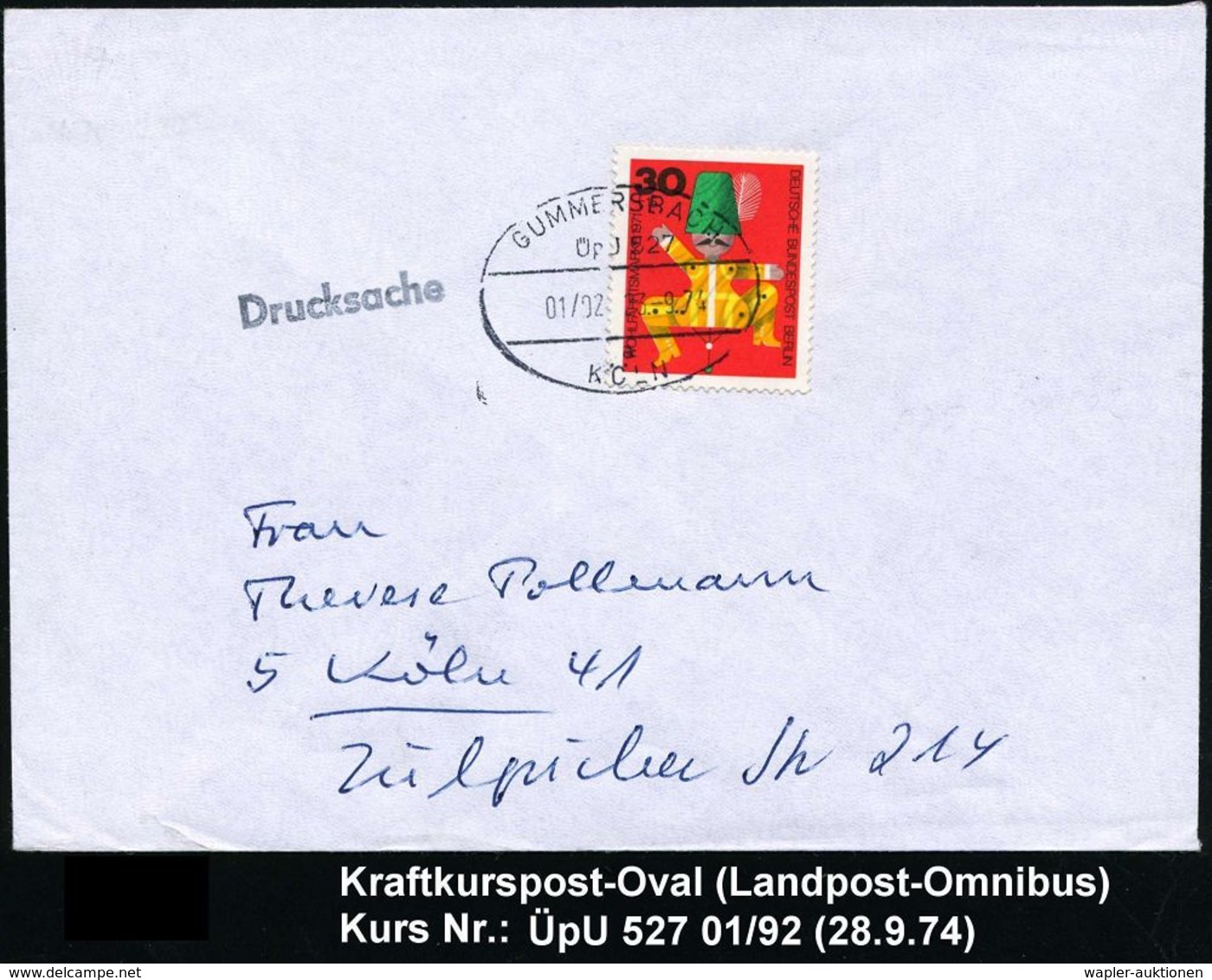 KRAFTKURSPOST : GUMMERSBACH/ ÜpU 527/ 01/ 02/ A/ KÖLN 1974 (23.9.) Oval-Steg = Überlandpost Mit UZ "02" , Klar Gest. Inl - Voitures