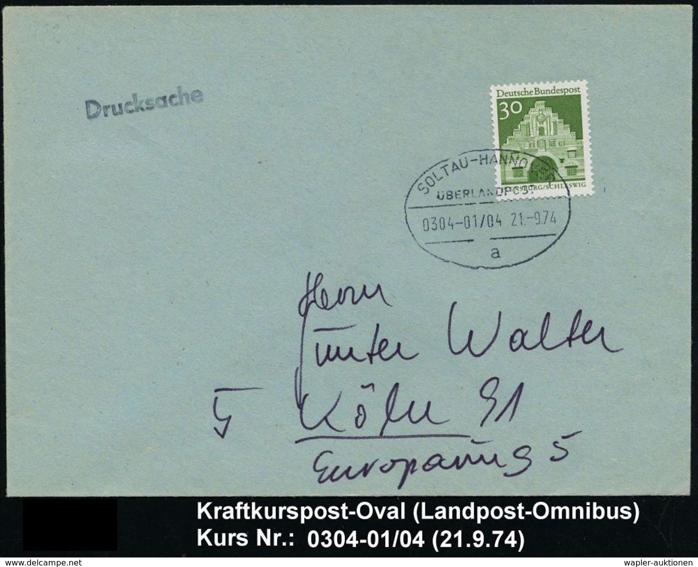 KRAFTKURSPOST : SOLTAU-HANNOVER/ ÜBERLANDPOST/ 0304-01/ 04/ A 1974 (21.9.) Ovals-Steg Klar Auf Inl.-Bf. (Mi.492) - Voitures