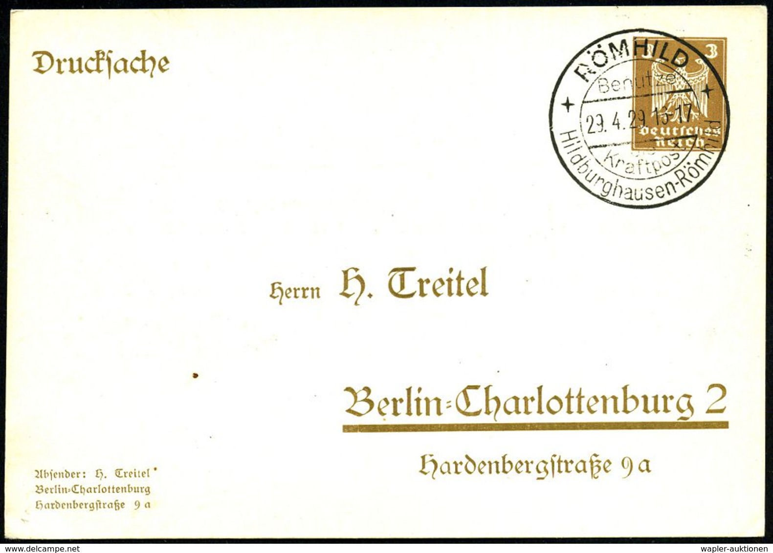 KRAFTPOST-EIGENWERBUNG : RÖMHILD/ Benutze/ Die/ Kraftpost/ Hildburghausen-Römhild 1929 (29.4.) HWSt Auf PP 3 Pf. Adler,  - Voitures