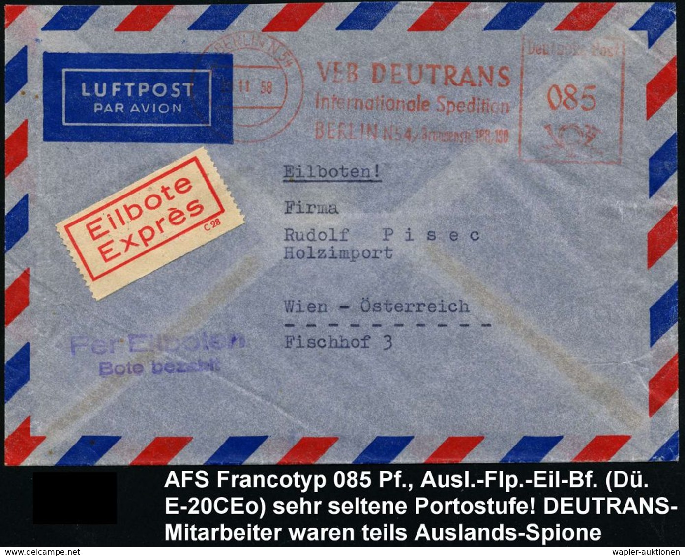 SPEDITION & FRACHT : BERLIN N 54/ VEB DEUTRANS/ Internat.Spedition 1958 (26.11.) AFS 085 Pf. = Sehr Seltenes Porto! (vie - Autos