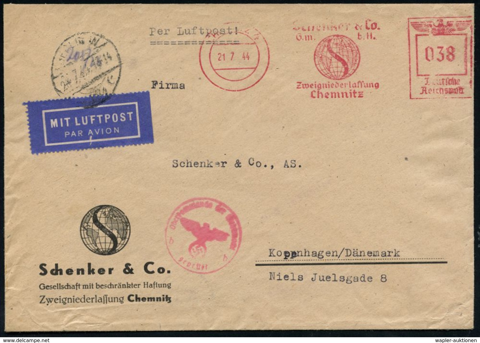 SPEDITION & FRACHT : CHEMNITZ 4/ Schenker & Co 1944 (21.7.) AFS 038 Pf. (oben Etw.undeutl.) + Roter Zensur-1K: OKW/b (=  - Voitures