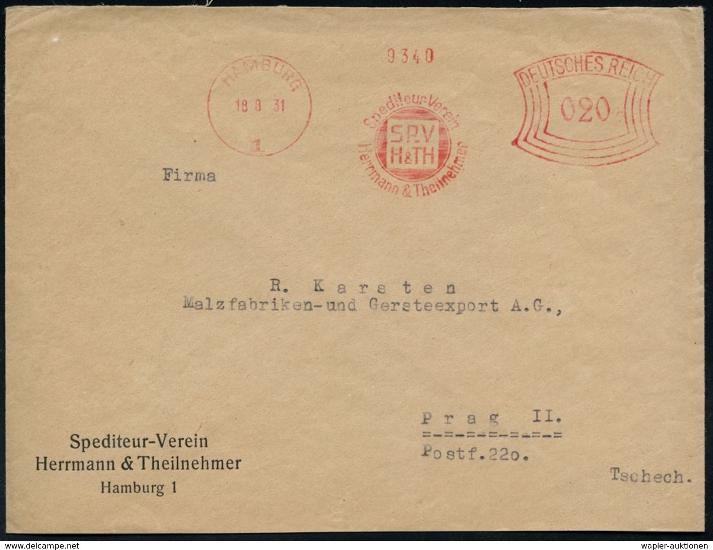 SPEDITION & FRACHT : HAMBURG/ 1/ Spediteur-Verein/ Herrmann & Theilnehmer 1931 (18.3.) AFS 020 Pf. Sondertarif In Die CS - Autos