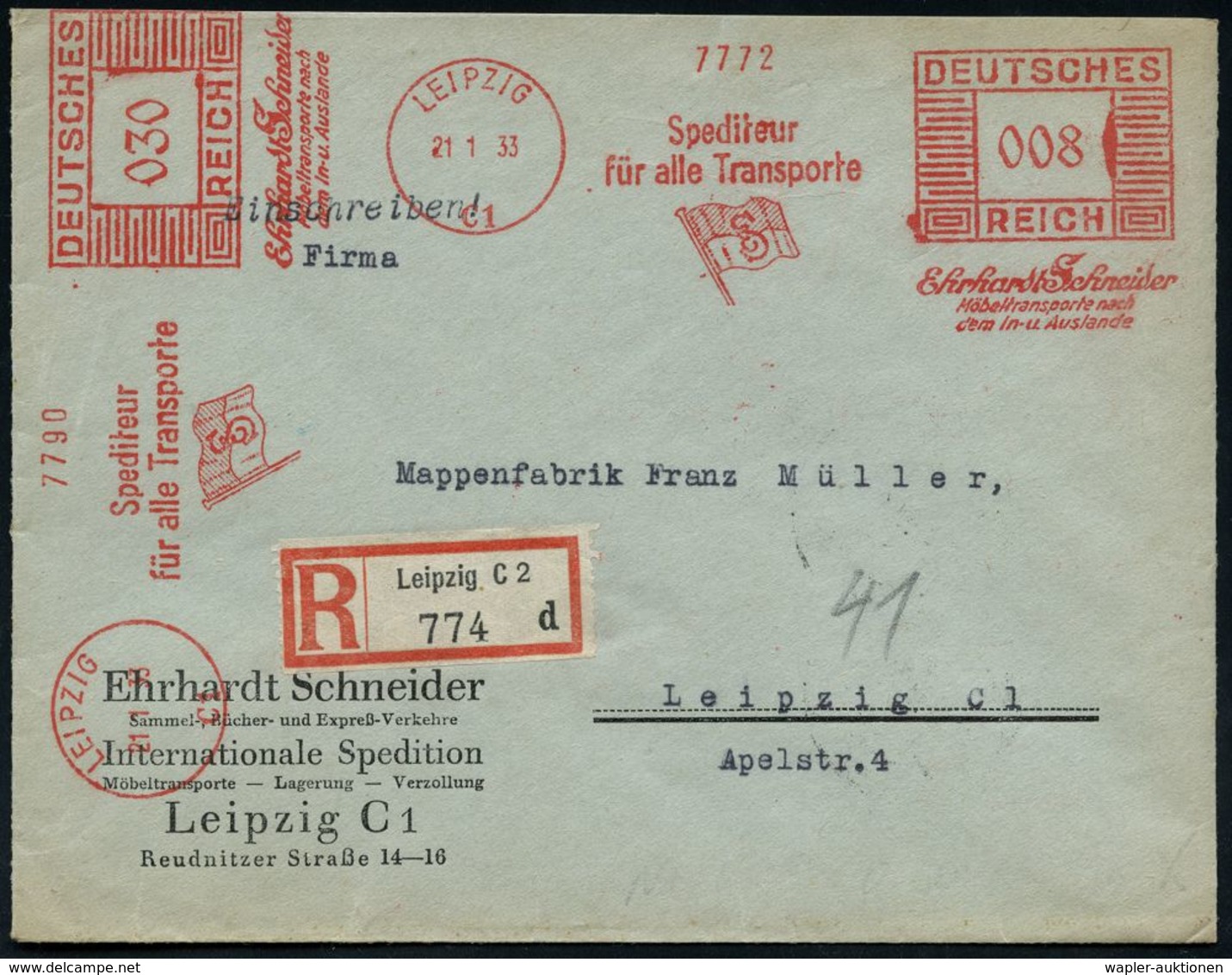 SPEDITION & FRACHT : LEIPZIG/ C1/ Spediteur/ Für Alle Transporte/ Ehrhardt Schneider/ Möbeltransporte.. 1933 (21.1.) AFS - Cars