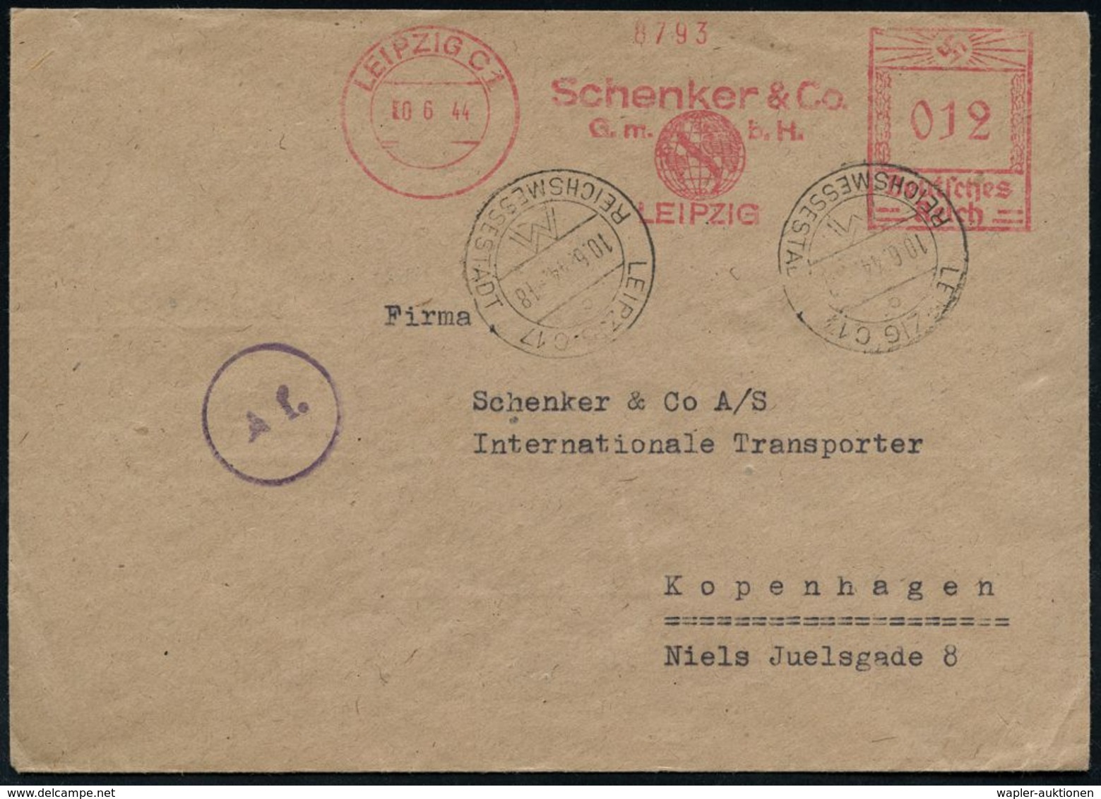 SPEDITION & FRACHT : LEIPZIG C 1/ Schenker & Co... 1944 (10.6.) AFS 012 Pf. + HWSt.: LEIPZIG O 17/MM/REICHSMESSESTADT 2x - Voitures