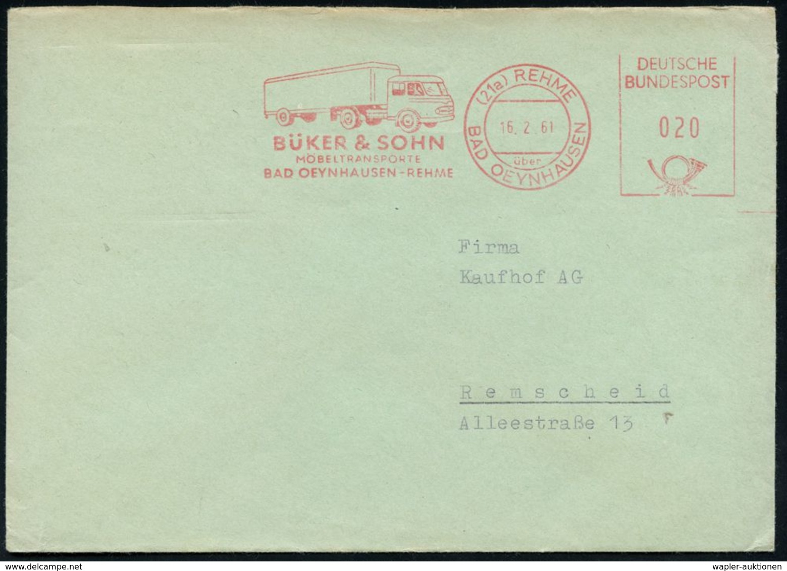 SPEDITION & FRACHT : (21a) REHME/ über/ BAD OEYNHAUSEN/ BÜKER & SOHN/ MÖBELTRANSPORTE.. 1961 (16.7.) AFS Typ PSt.I = Mer - Autos