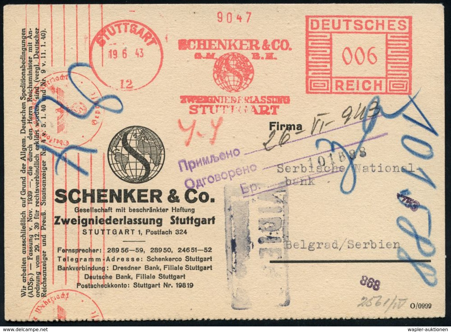 SPEDITION & FRACHT : STUTTGART/ 12/ SCHENKER & CO.. 1943 (19.8.) AFS 006 Pf. (Firmen-Logo: Globus) + Roter OKW-Band-Zens - Autos