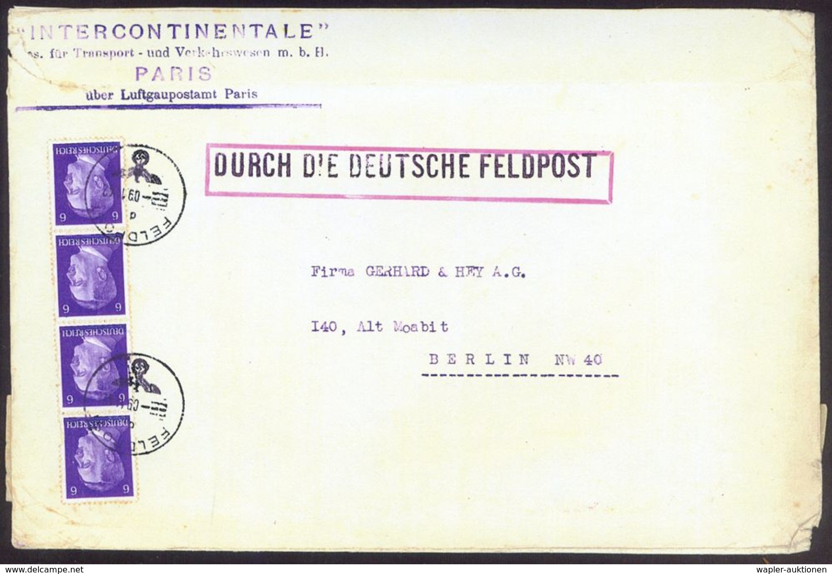 SPEDITION & FRACHT : DT.BES.FRANKREICH 1942 (9.11.) 1K: FELDPOST/d 2x Auf Vertikalem 4er-Streifen 6 Pf. Hitler + Viol. 1 - Voitures