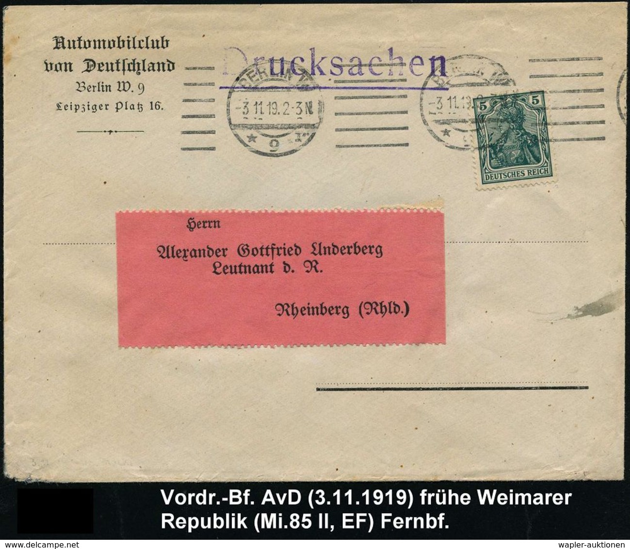 AUTO-KLUBS / VERBÄNDE : BERLIN/ *9 I 1919 (3.11.) BdMaSt (1x6 Striche) Auf Vordr.-Bf: Automobilclub V. Deutschland (Mi.8 - Autos