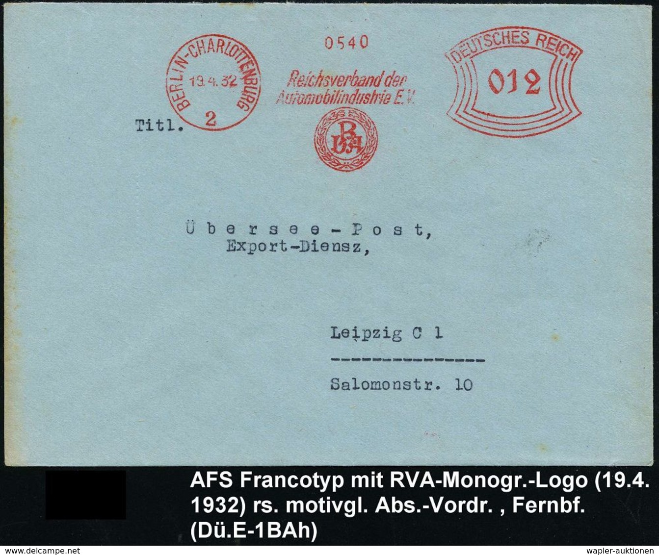 AUTO-KLUBS / VERBÄNDE : BERLIN-CHARLOTTENBURG/ 2/ Reichsverband D./ Automobilindustrie EV/ RDA 1934 (16.3.) AFS (= RDA-L - Voitures