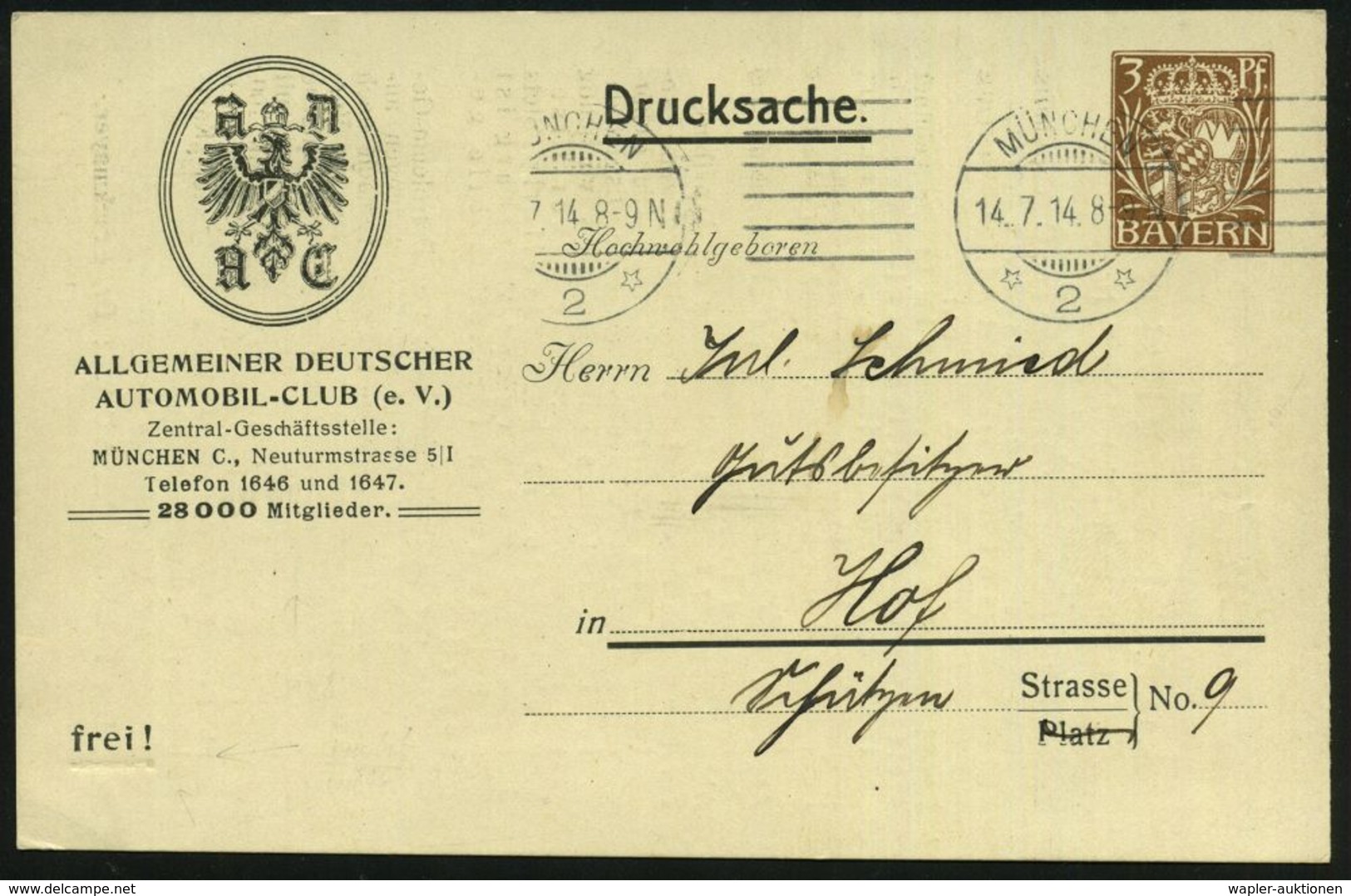 AUTO-KLUBS / VERBÄNDE : München 2 1914 (14.7.) PP 3 Pf. Hupp-Wappen: ADAC..(e.V.)..Protesttag 1914 Eisenach.. (kl."e.V." - Voitures