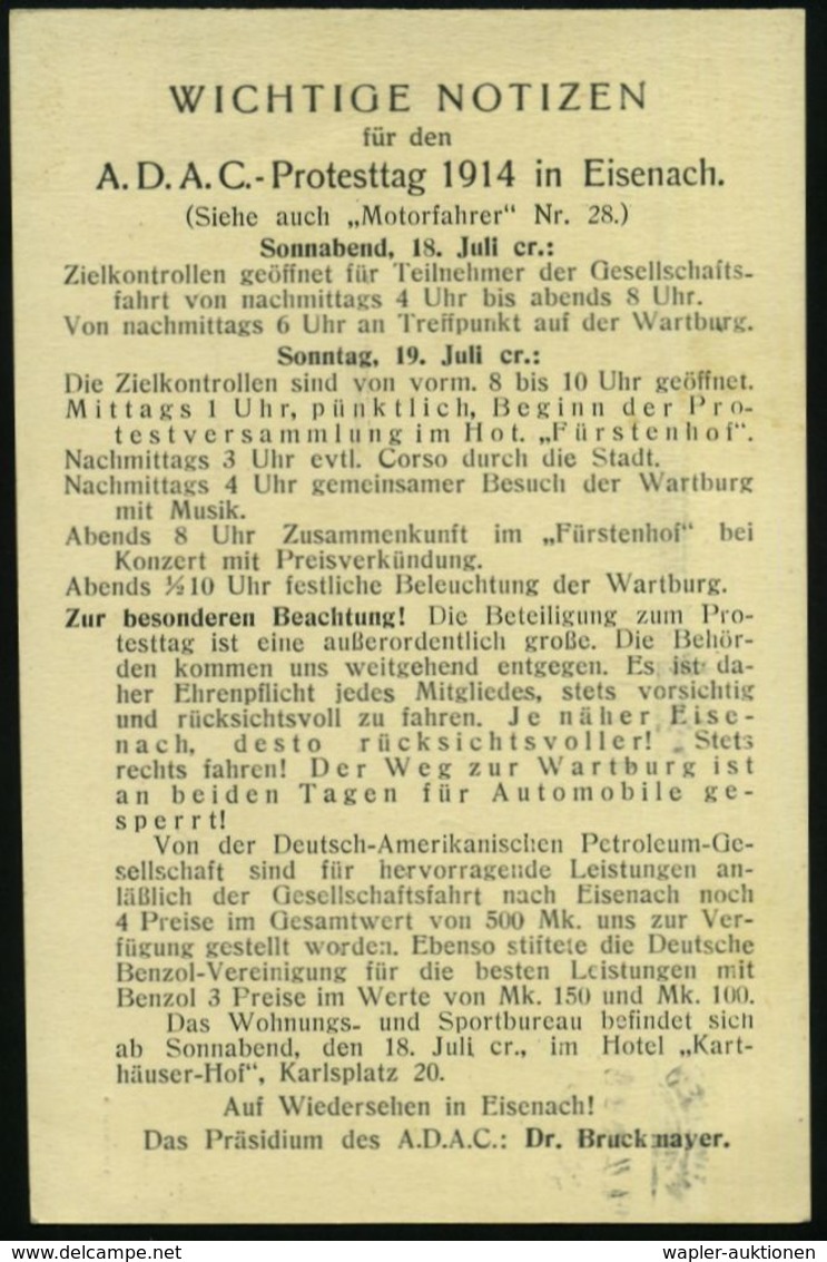 AUTO-KLUBS / VERBÄNDE : München 2 1914 (14.7.) PP 3 Pf. Hupp-Wappen: ADAC..(e.V.)..Protesttag 1914 Eisenach.. (kl."e.V." - Cars