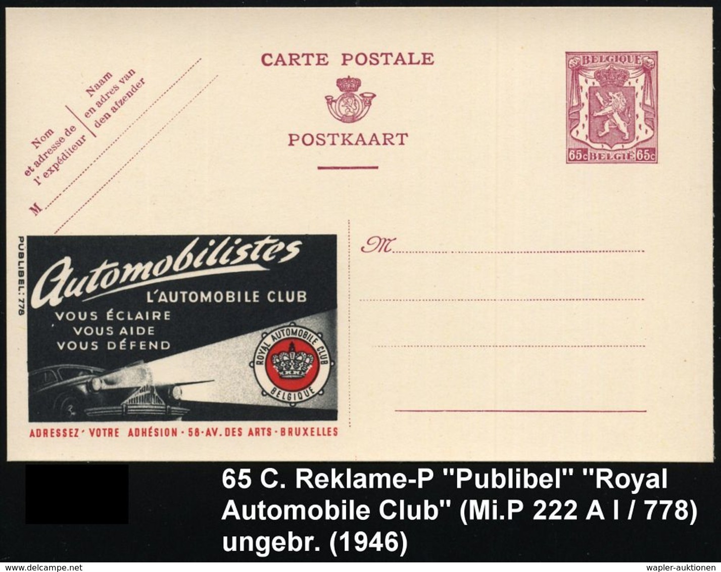 AUTO-KLUBS / VERBÄNDE : BELGIEN 1946 65 C. Reklame-P. Löwe, Braunlila: ROYAL AUTOMOBILE CLUB BELGIQUE.. (= PKW Mit Leuch - Voitures