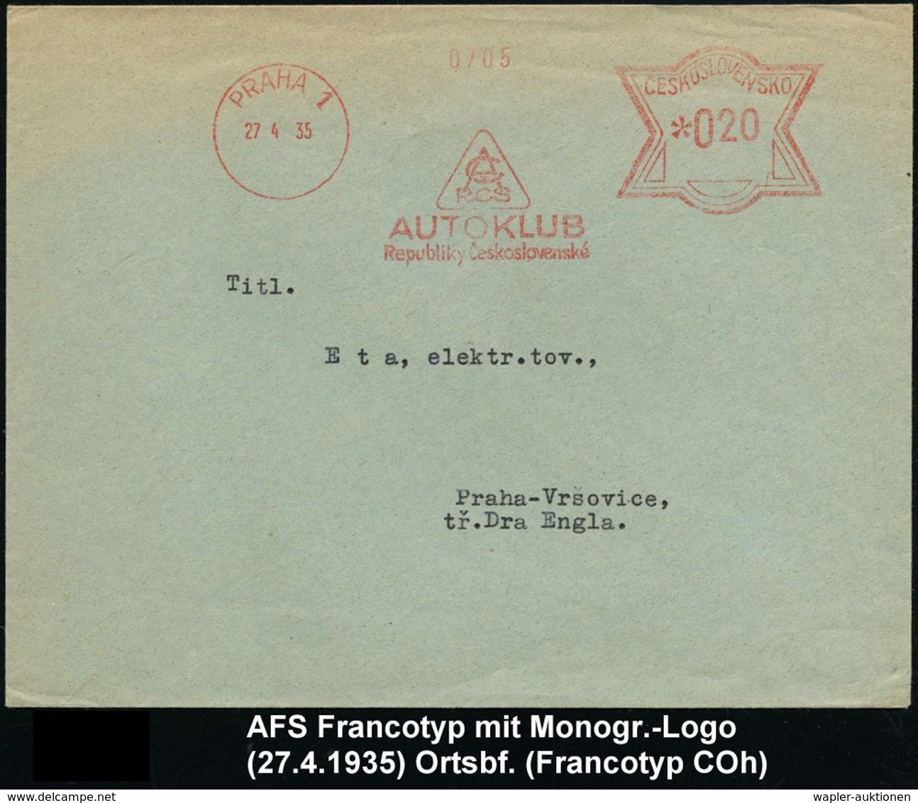 AUTO-KLUBS / VERBÄNDE : TSCHECHOSLOWAKEI 1935 (27.4.) AFS: PRAHA 1/AUTOKLUB/Republik Ceskoslovenske (Monogramm-Logo) Ort - Voitures