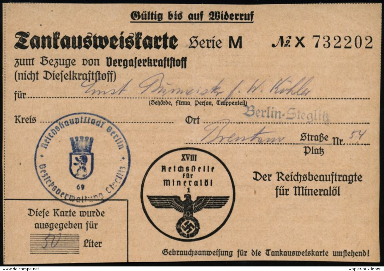 WERKSTATT / GARAGE / TANKSTELLE : Berlin-Steglitz 1940 Blauer 1L Auf "Tankausweiskarte" Für Vergaserkraftstoff-Bezug Der - Autos