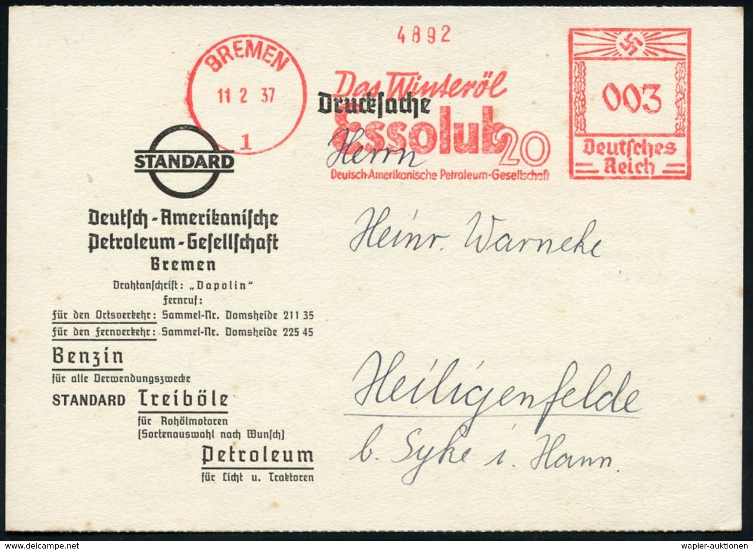 WERKSTATT / GARAGE / TANKSTELLE : BREMEN/ 1/ Das Winteröl/ Essolub 20/ Dt.-Amerikanische Petroleum-Ges. 1937 (11.2) AFS  - Voitures