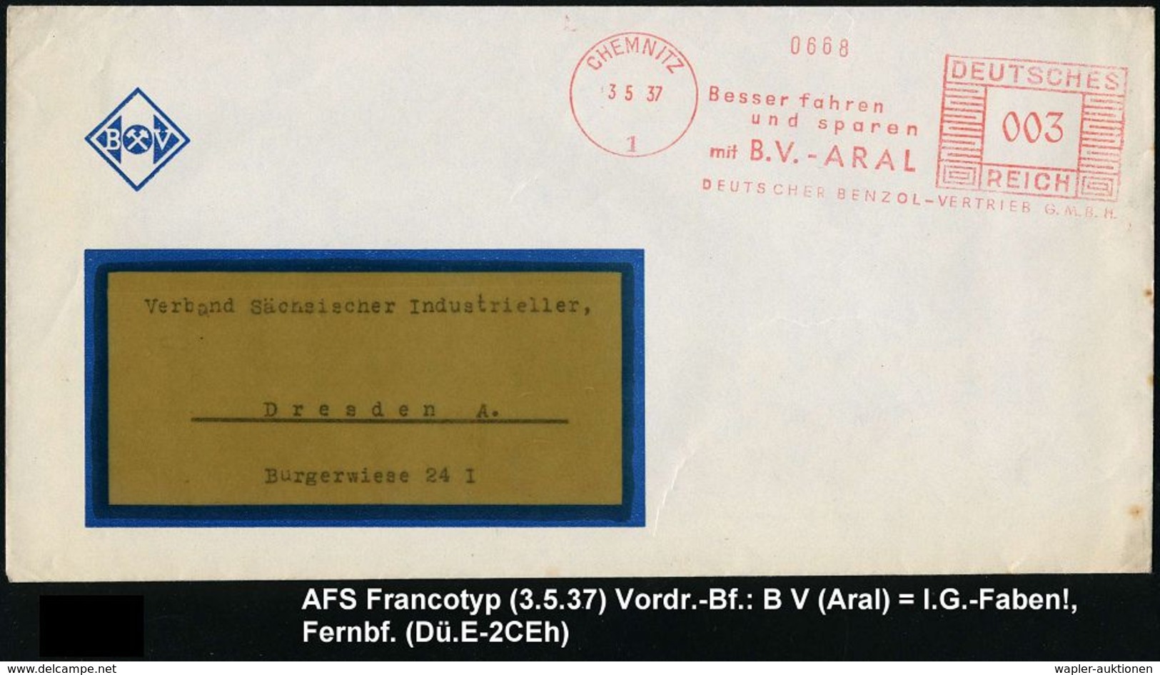 WERKSTATT / GARAGE / TANKSTELLE : CHEMNITZ/ 1/ Besser Fahren/ U.sparen/ Mit B.V.-ARAL.. 1937 (3.5.) AFS Auf Firmen-Bf. M - Voitures