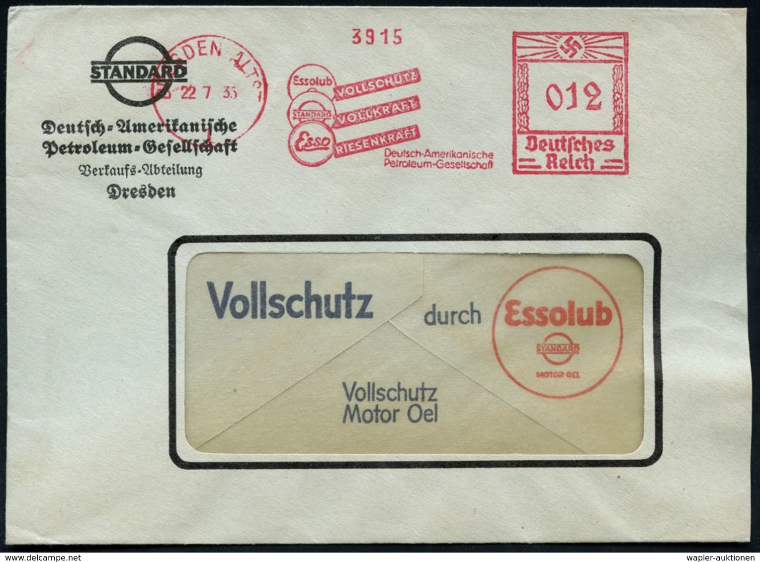 WERKSTATT / GARAGE / TANKSTELLE : DRESDEN-ALTST./ 1/ Essolub/ STANDARD/ Esso.. 1935 (22.7.) AFS = 3 Marken-Logos Auf Rek - Voitures