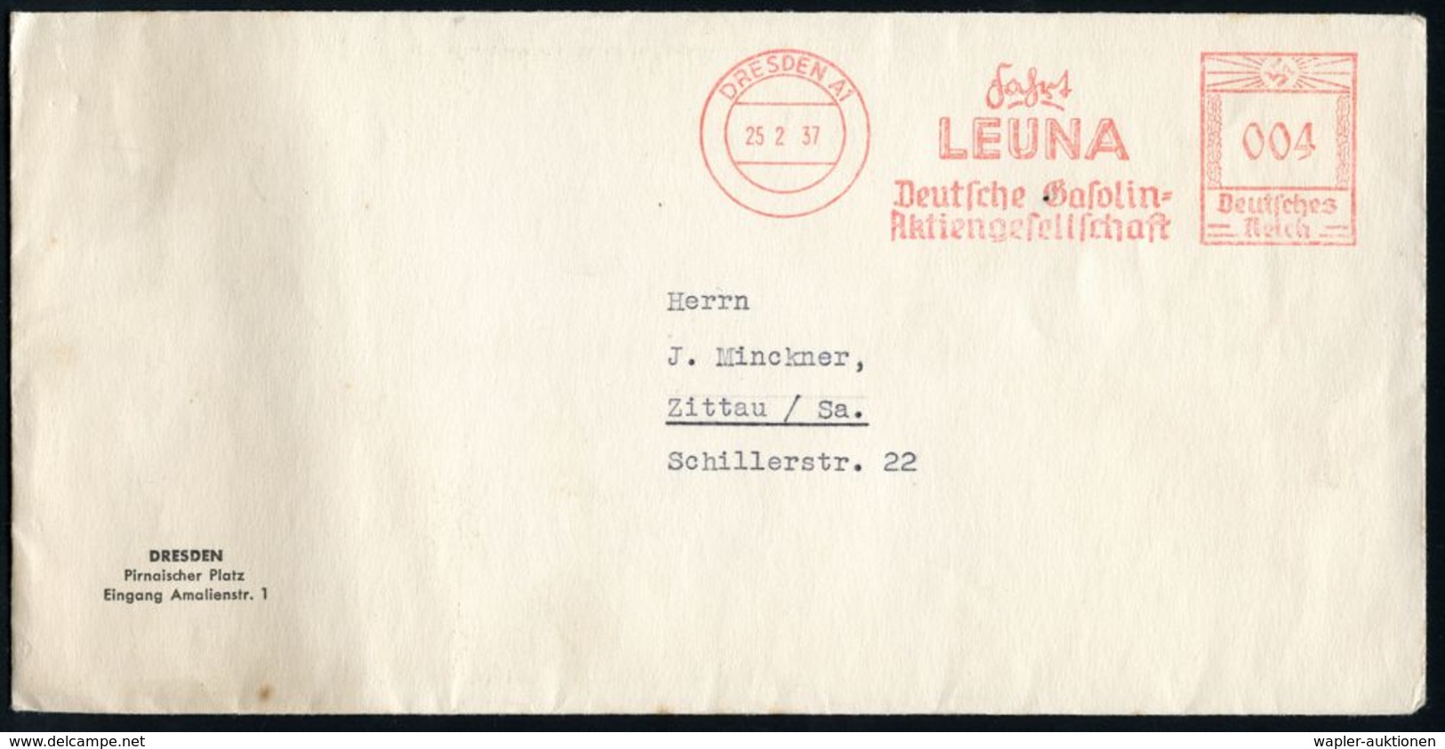 WERKSTATT / GARAGE / TANKSTELLE : DRESDEN A1/ Fahrt/ LEUNA/ Deutsche Gasolin=/ AG 1937 (Febr.) AFS (1. Zeile Sütterlin)  - Voitures