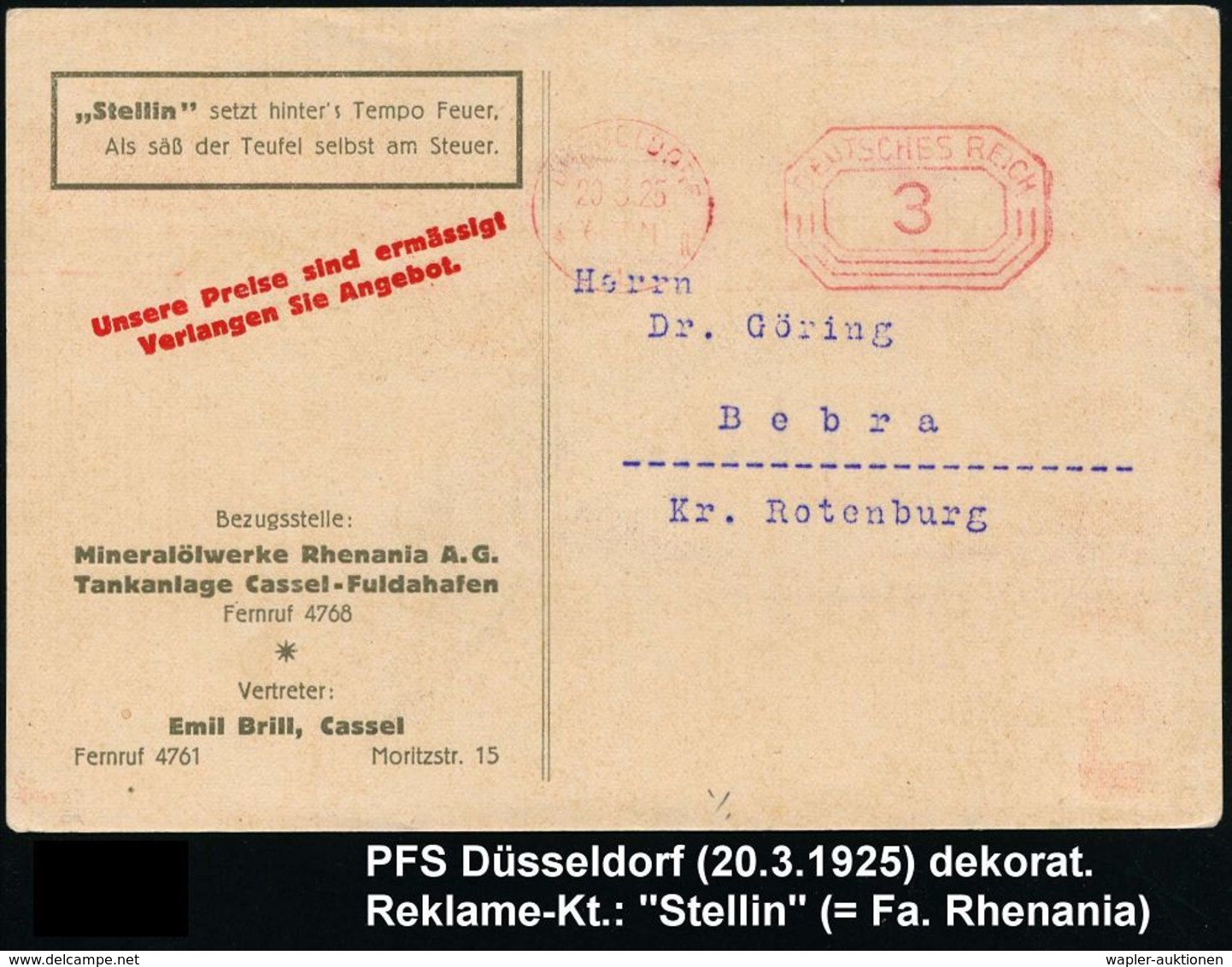 WERKSTATT / GARAGE / TANKSTELLE : DÜSSELDORF/ *1II/ DEUTSCHES REICH 1925 (20.3.) PFS 3 Pf. Achteck Auf Color-Künstler-Re - Voitures