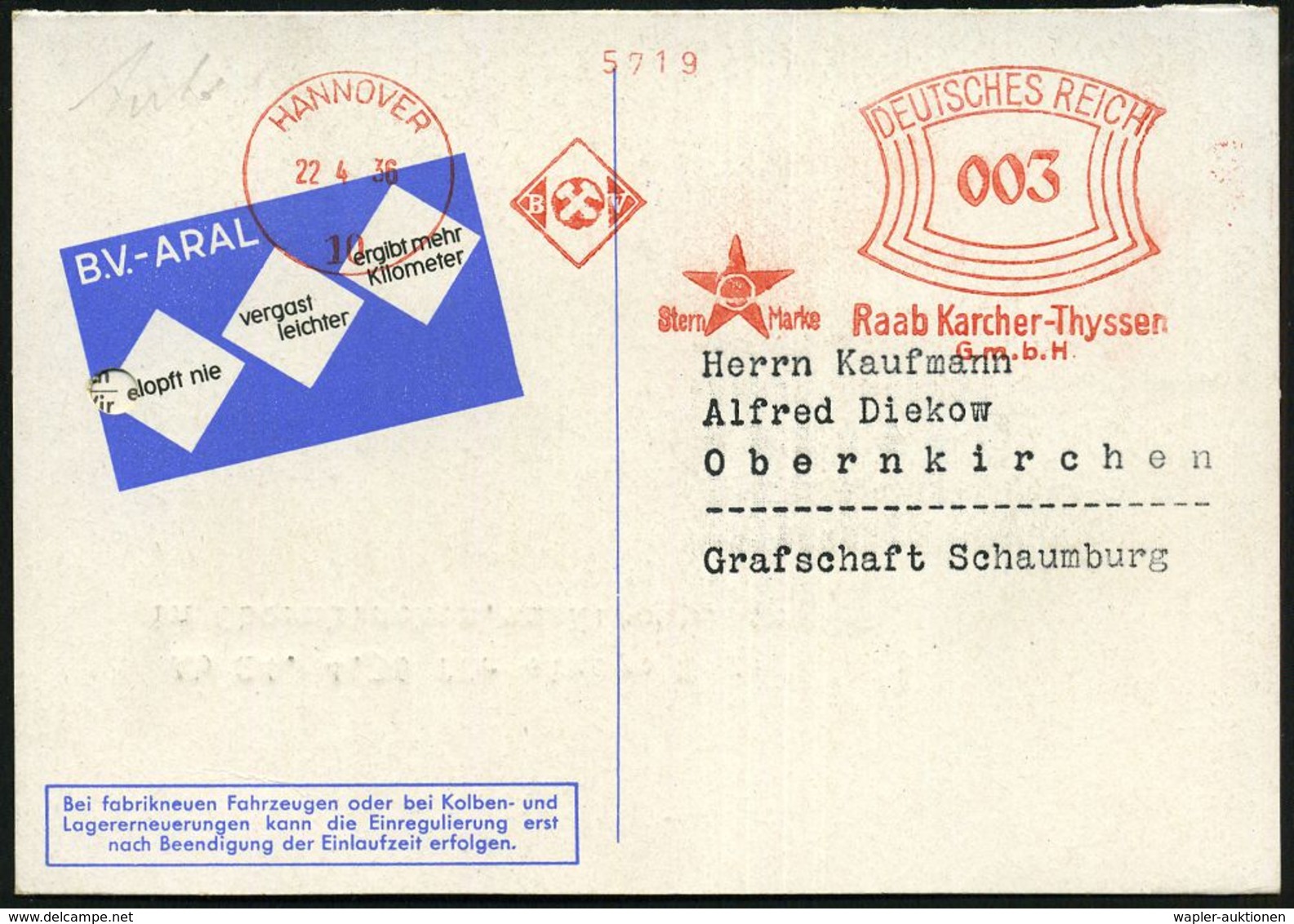 WERKSTATT / GARAGE / TANKSTELLE : HANNOVER/ 10/ BV/ ..Raab Karcher-Thyssen/ GmbH 1936 (22.4.) AFS (Aral-Stern-Logo) Klap - Voitures