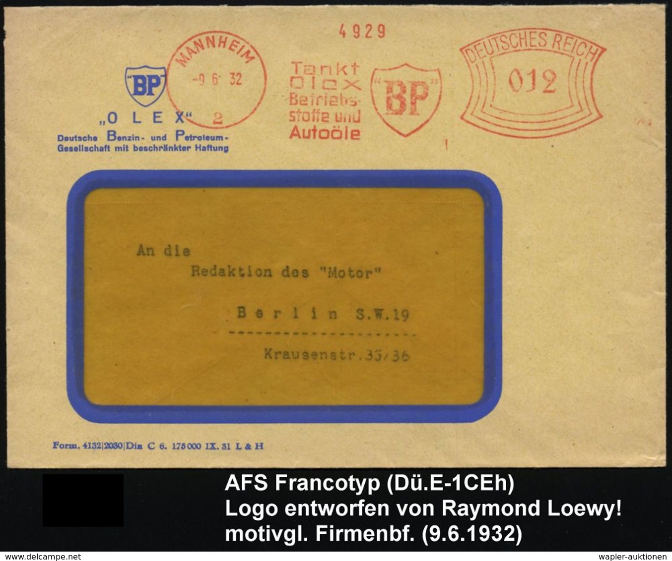 WERKSTATT / GARAGE / TANKSTELLE : MANNHEIM/ 2/ Tankt/ Olex../ BP 1932 (9.6.) AFS = Firmen-Logo (entworfen Von Raymond Lo - Voitures