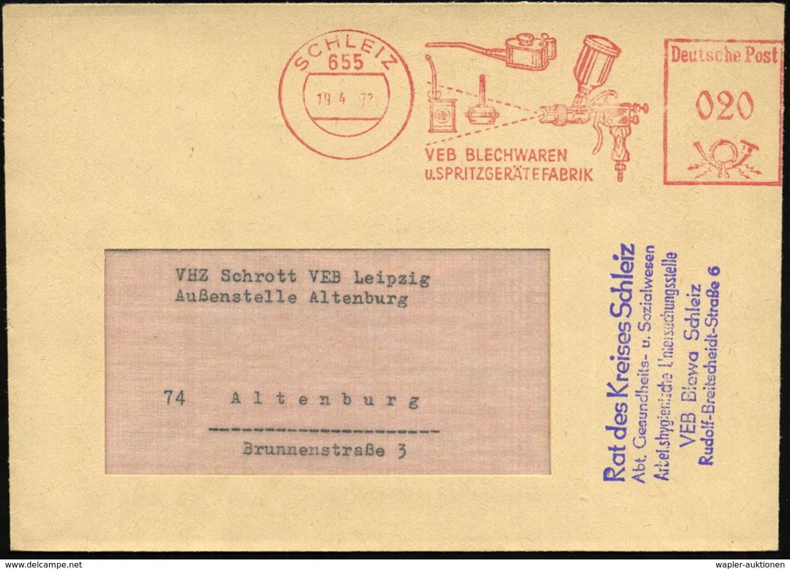 WERKSTATT / GARAGE / TANKSTELLE : 655 SCHLEIZ/ VEB BLECHWAREN/ U.SPRITZGERÄTEFABRIK 1972 (19.4.) AFS = Farb-Spritzpistol - Autos