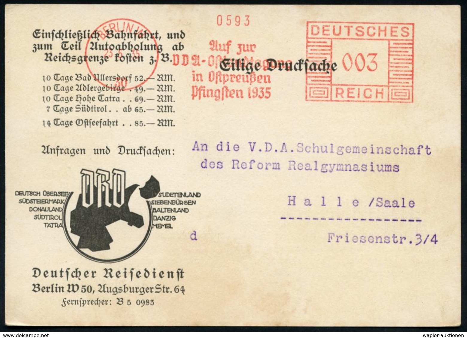 TOURISMUS / REISEN / CAMPING : BERLIN W/ 30/ Auf Zur/ VDA-Ostlandtagung/ In Ostpreußen/ Pfingsten 1935 1935 (23.5.) Sehr - Autres & Non Classés