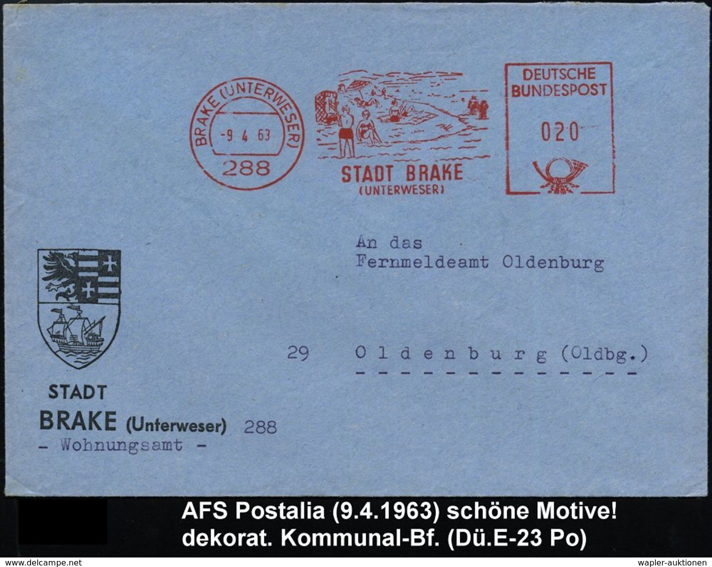 TOURISMUS / REISEN / CAMPING : 288 BRAKE (UNTERWESER)/ STADT BRAKE 1963 (9.4.) Dekorativer AFS = Strandleben (mit Strand - Other & Unclassified