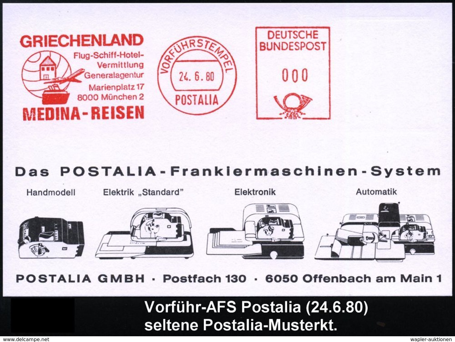 TOURISMUS / REISEN / CAMPING : 8000 München 2 1980 (24.6.) AFS.: VORFÜHRSTEMPEL/POSTALIA/GRIECHENLAND../MEDINA-REISEN..  - Autres & Non Classés