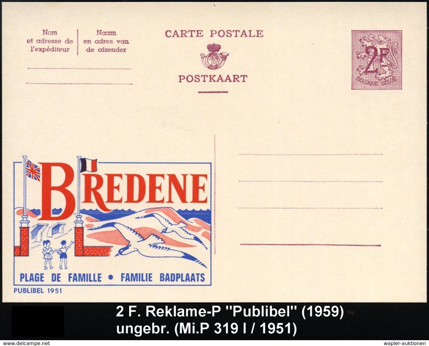 TOURISMUS / REISEN / CAMPING : BELGIEN 1959 2 F. Reklame-P Weinrot: BREDENE/PLAGE DE FAMILLE.. = Dünen, 2 Möwen (u. 2 Ki - Other & Unclassified