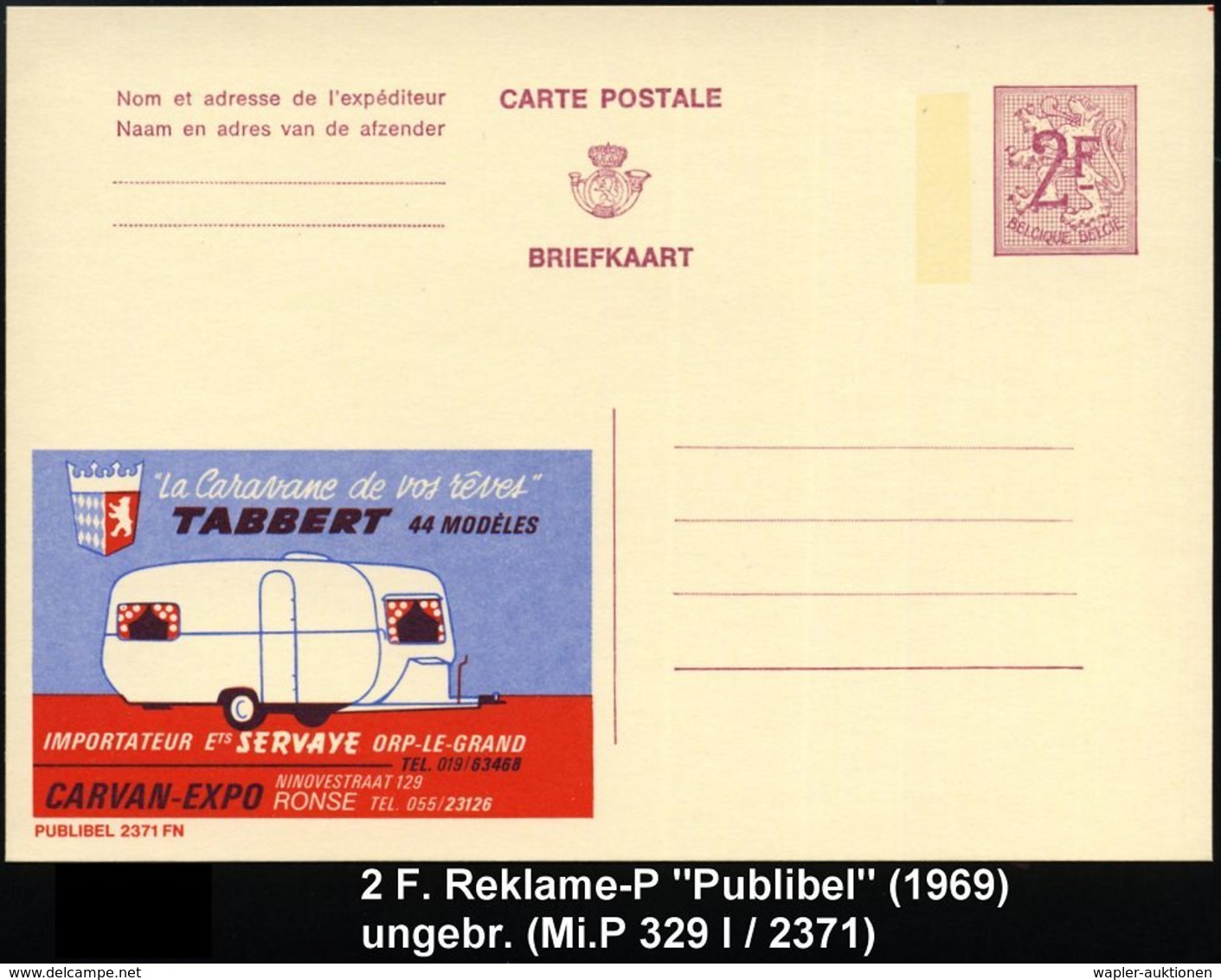 TOURISMUS / REISEN / CAMPING : BELGIEN 1969 2 F. Reklame-P, Weinrot: "Lacaravan De Vos Rêves"/TABBERT.. (Caravan) Frz. T - Altri & Non Classificati