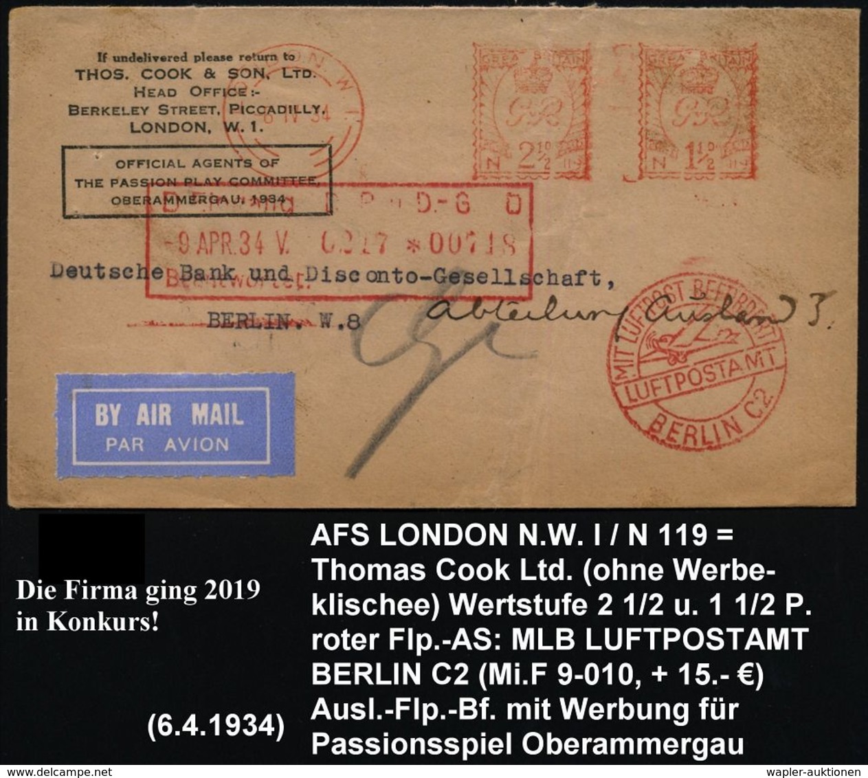 TOURISMUS / REISEN / CAMPING : GROSSBRITANNIEN 1934 (6.4.) AFS: LONDON W I./N 119 Ohne Abs.: 2 1/2 U. 1 1/2 P. = Thomas  - Altri & Non Classificati