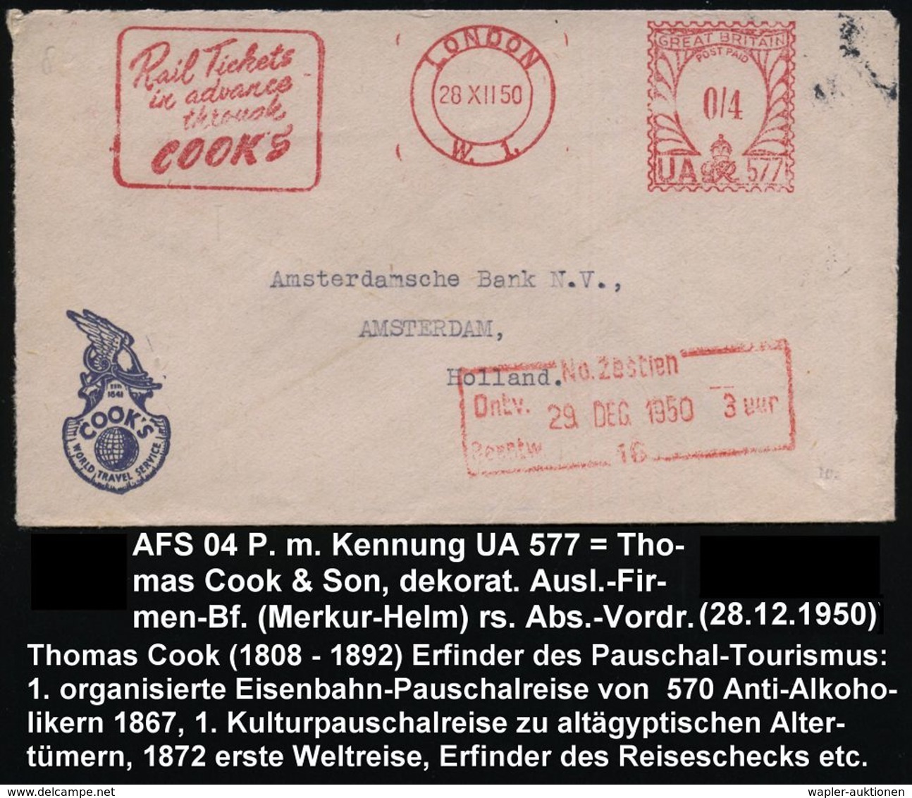 TOURISMUS / REISEN / CAMPING : GROSSBRITANNIEN 1950 (28.12.) AFS.: LONDON/W. I./Rail Tickets/in Advance/Through/COOK's = - Altri & Non Classificati