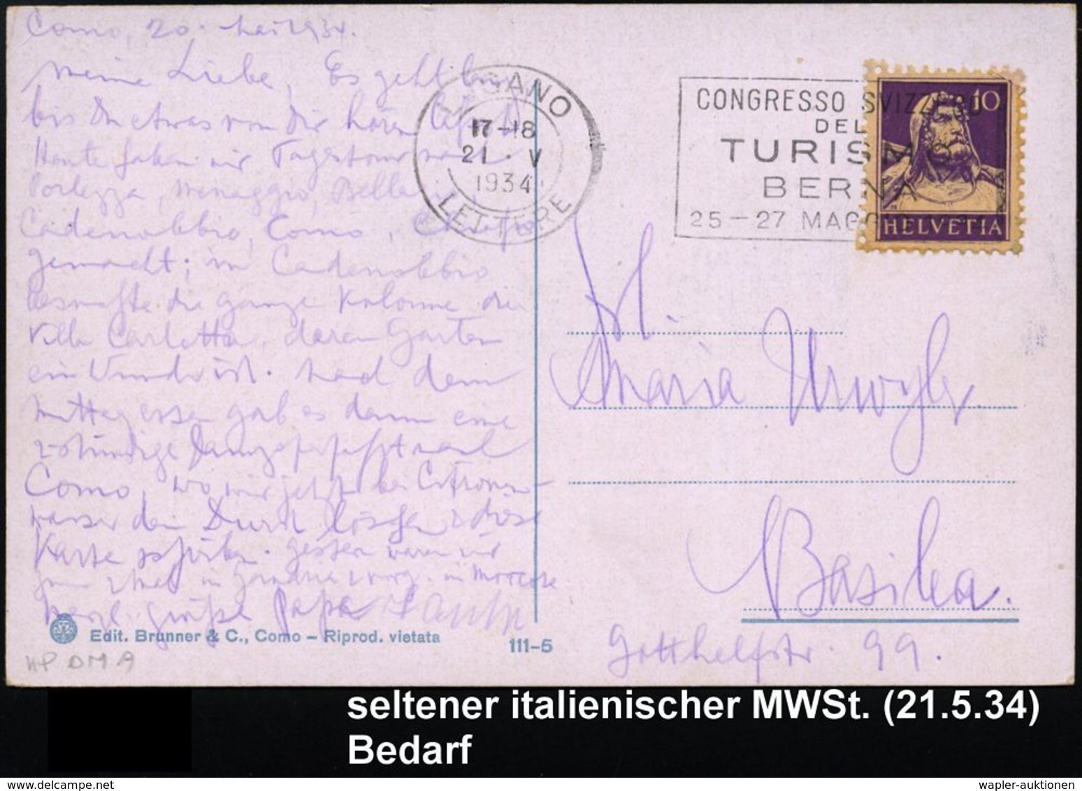 TOURISMUS / REISEN / CAMPING : SCHWEIZ 1934 (26.5.) Seltener MWSt.: LUGANO/ CONGRESSO SVIZZERO/DEL/TURISMO/BERNA/25 - 27 - Sonstige & Ohne Zuordnung