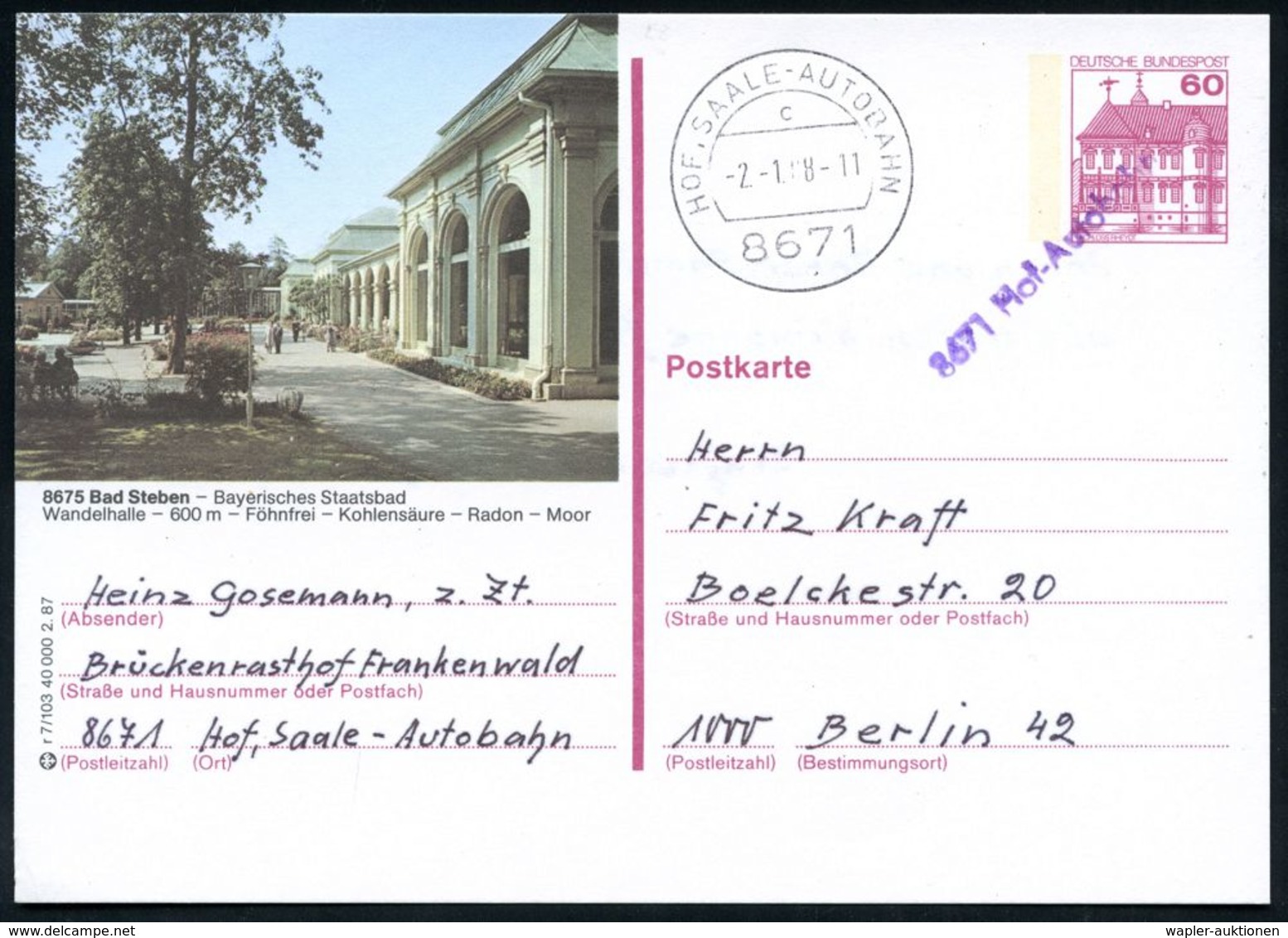 STRASSE / VERKEHRSWEGE / AUTOBAHN : 8671 Hof-Autobahn 1988 (7.1.) Viol. 1L Als Entwertung Auf 60 Pf. BiP Bad Steben + 1K - Autos