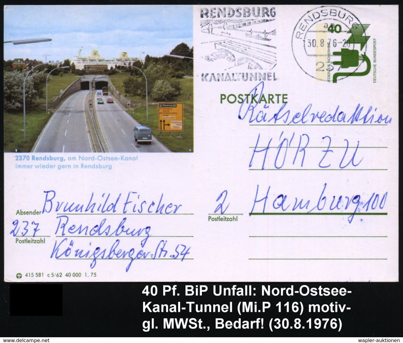 STRASSE / VERKEHRSWEGE / AUTOBAHN : 237 RENDSBURG 1/ Aa/ KANALTUNNEL 1976 (30.8.) MWSt = Kanaltunnel Z. Nord-Ostsee-Kana - Voitures