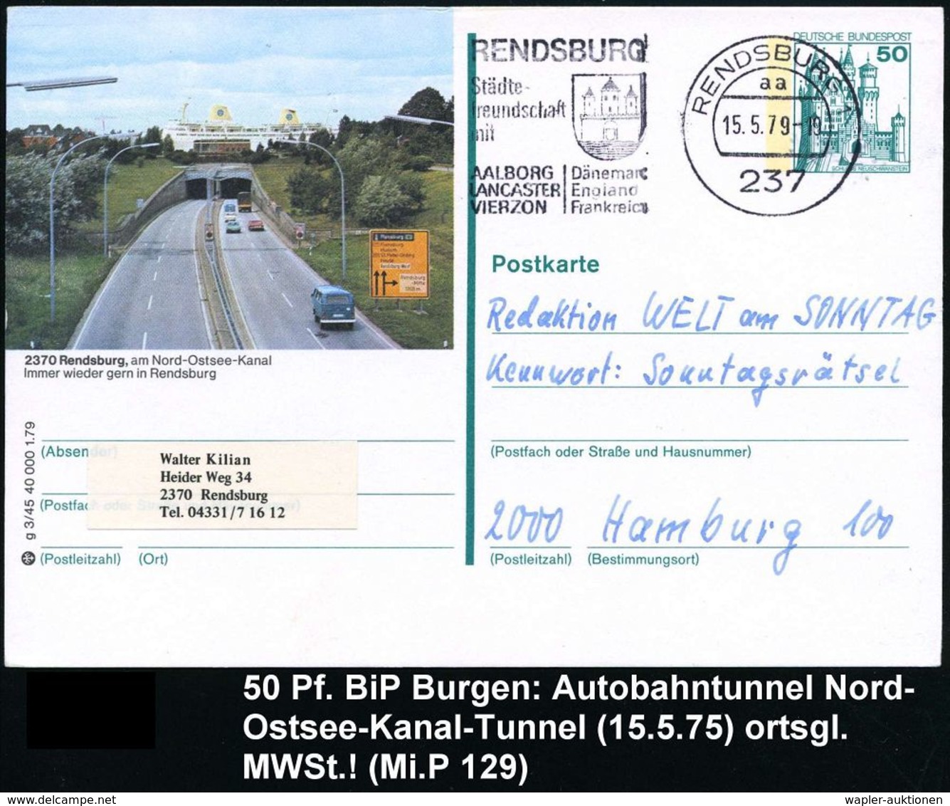 STRASSE / VERKEHRSWEGE / AUTOBAHN : 2370 Rensburg 1980 50 Pf. BiP Burgen, Blaugrün: Nord-Ostsee-Kanal, Autobahn-Tunnel ( - Autos