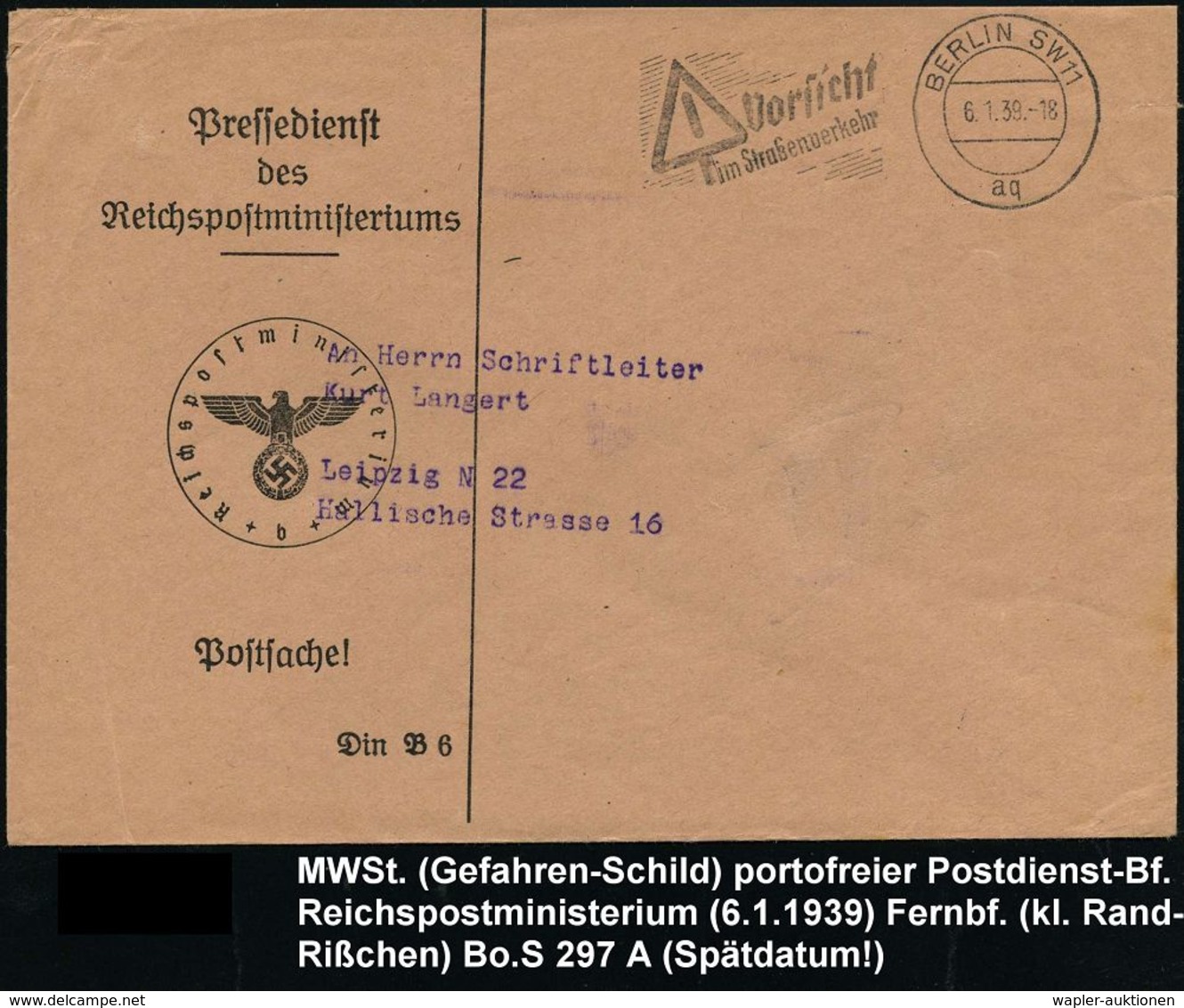 UNFALL / UNFALLVERHÜTUNG : BERLIN SW11/ Aq/ Vorsicht/ Im Straßenverkehr 1938 (6.1.) MWSt = Schild "Gefahr" Auf Portofrei - Accidents & Sécurité Routière