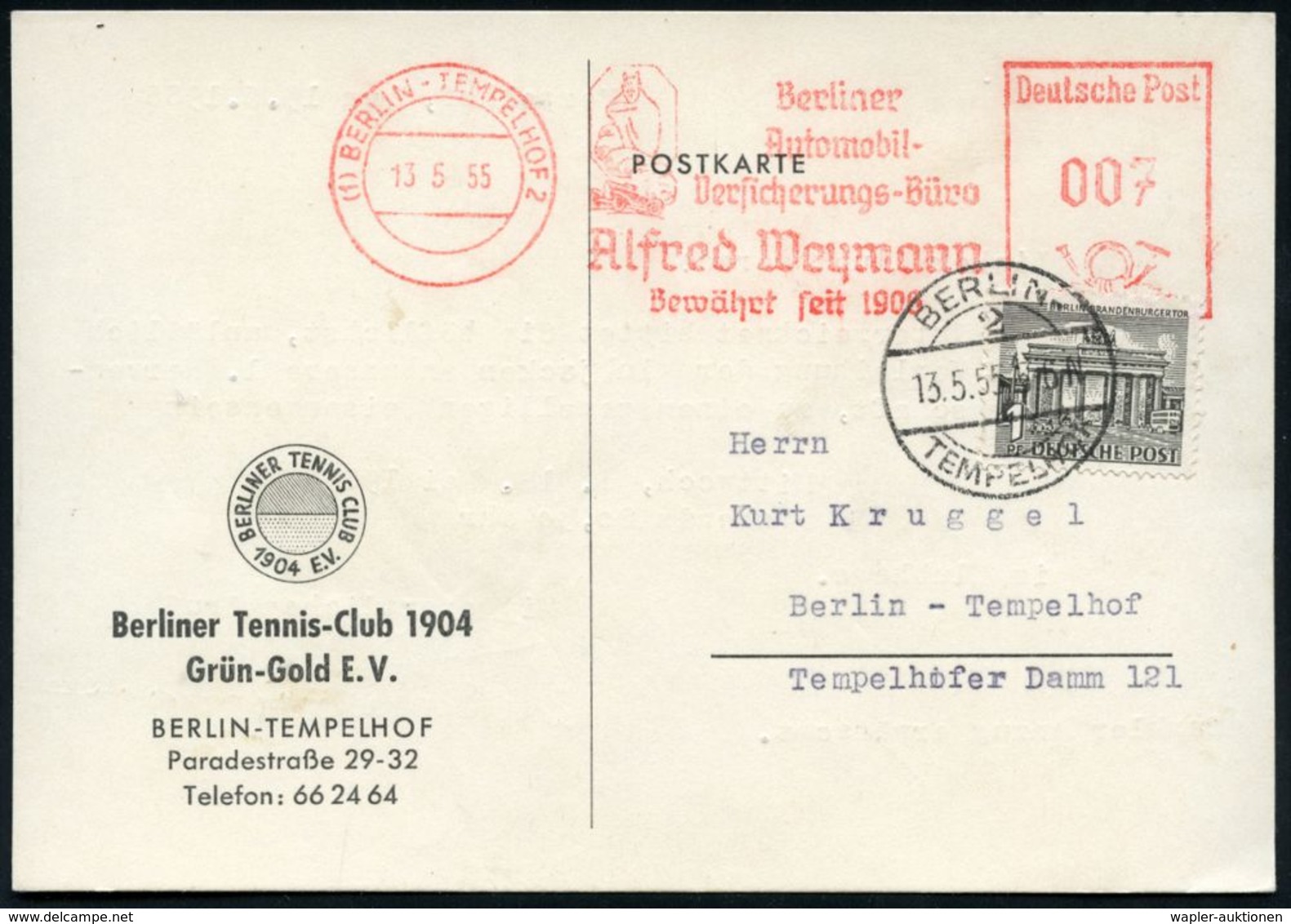 UNFALL / UNFALLVERHÜTUNG : (1) BERLIN-TEMPELHOF 2/ Berliner/ Automobil-/ Versicherungs-Büro/ Alfred Weymann.. 1955 (13.5 - Incidenti E Sicurezza Stradale