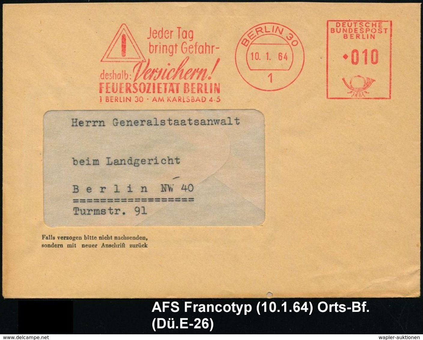 UNFALL / UNFALLVERHÜTUNG : 1 BERLIN 30/ Jeder Tag/ Bringt Gefahr../ FEUERSOZIETÄT BERLIN 1964 (10.1.) AFS = Verkehrsschi - Accidents & Road Safety