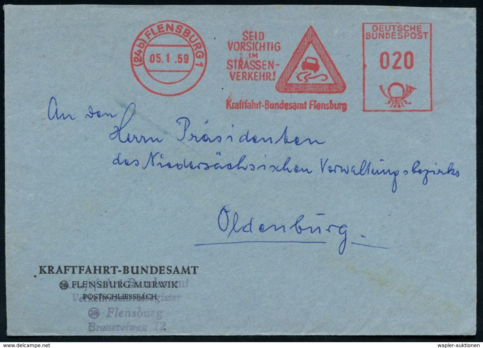 UNFALL / UNFALLVERHÜTUNG : (24b) FLENSBURG 1/ SEID/ VORSICHTIG../ Kraftfahrt-Bundesamt 1959 AFS = Schild "Schleudergefah - Accidents & Road Safety