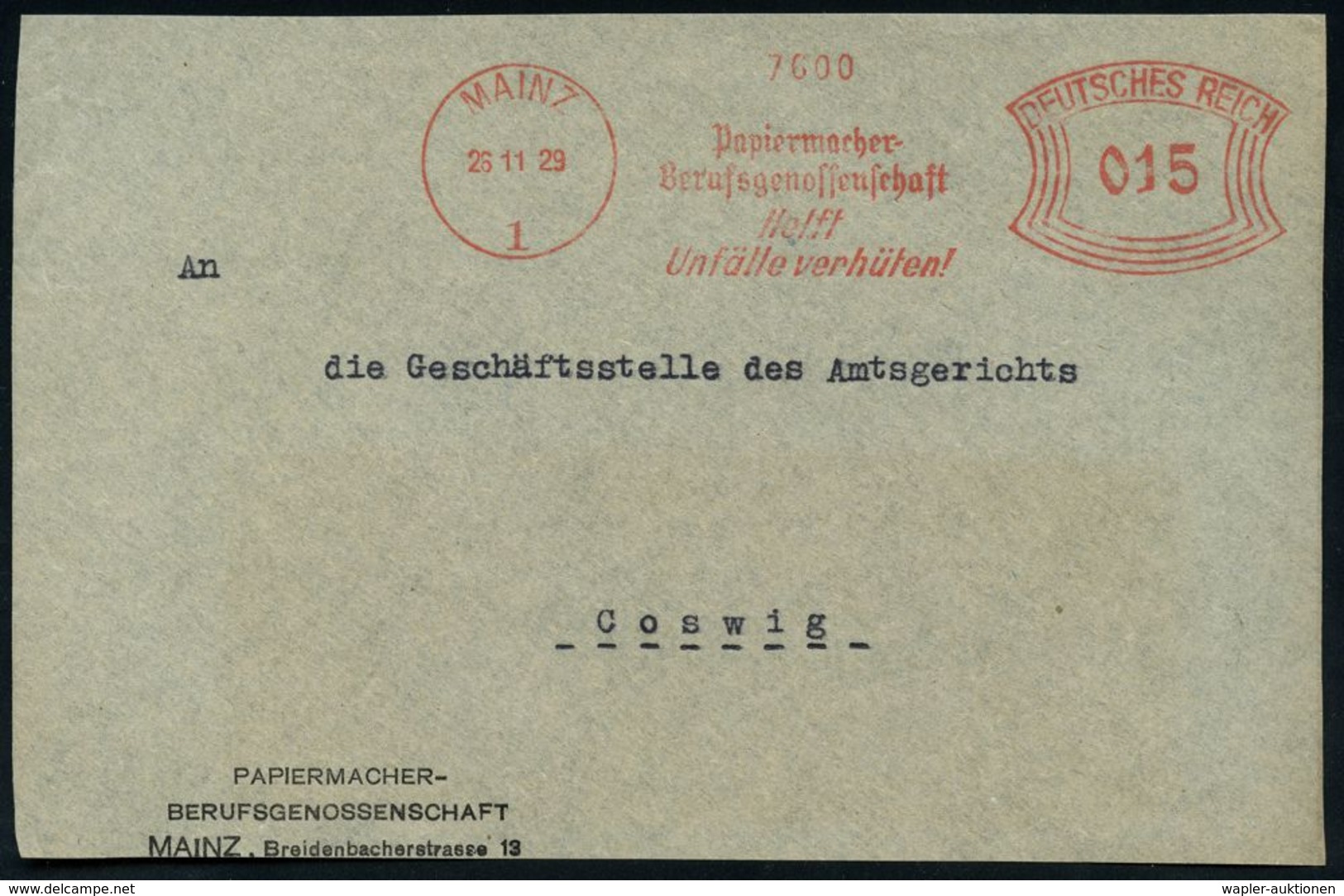 UNFALL / UNFALLVERHÜTUNG : MAINZ/ 1/ Papiermacher-/ Berufsgenossenschaft/ Helft/ Unfälle Verhüten! 1929 (26.11.) AFS Auf - Accidents & Sécurité Routière