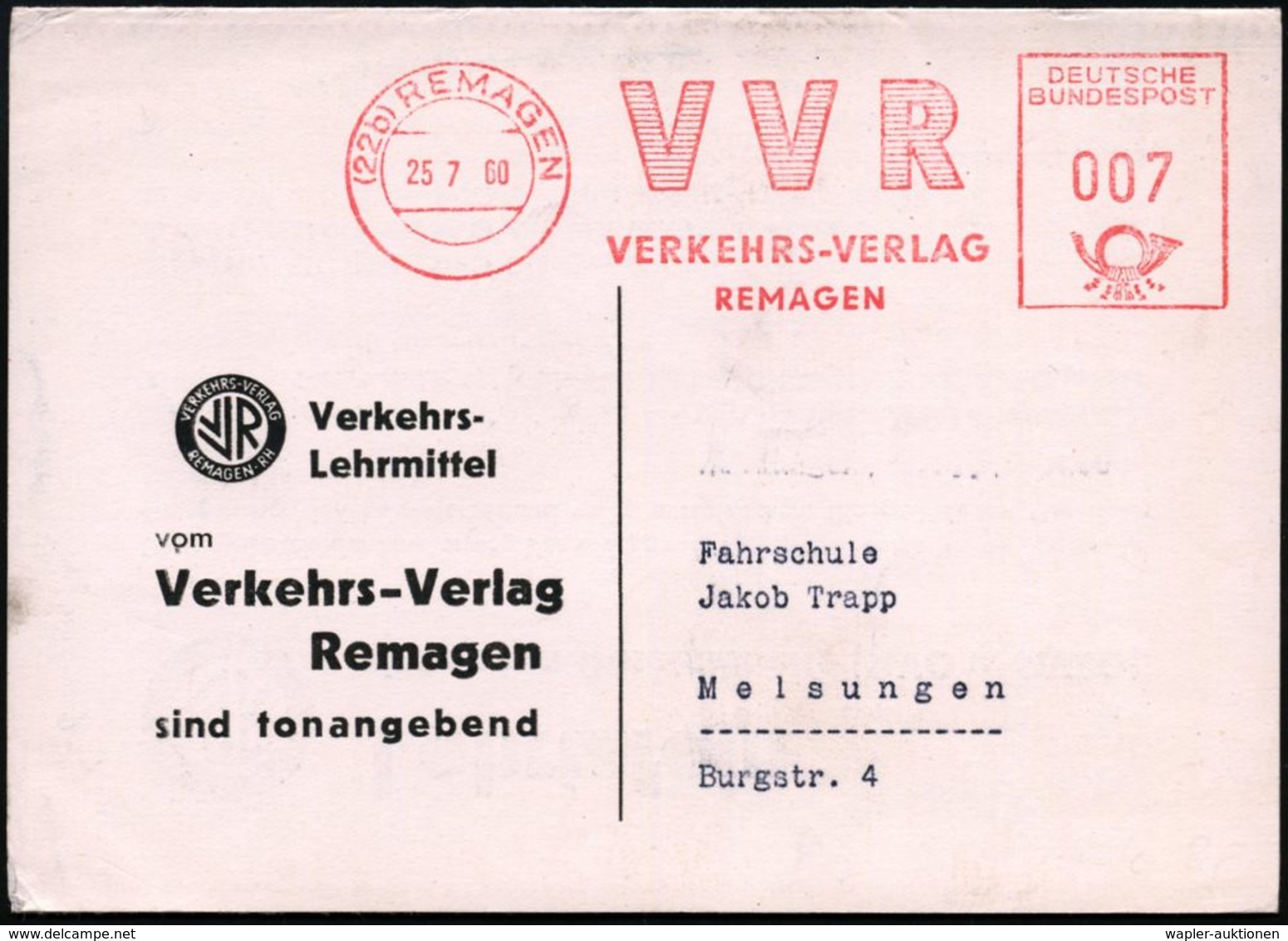 ALLGEM. VERKEHR- &  TRANSPORT-SYSTEME / TRANSPORT-GESCHICHTE : (22b) REMAGEN/ VVR/ VERKEHRS-VERLAG 1960 (25.7.) AFS Auf  - Cars