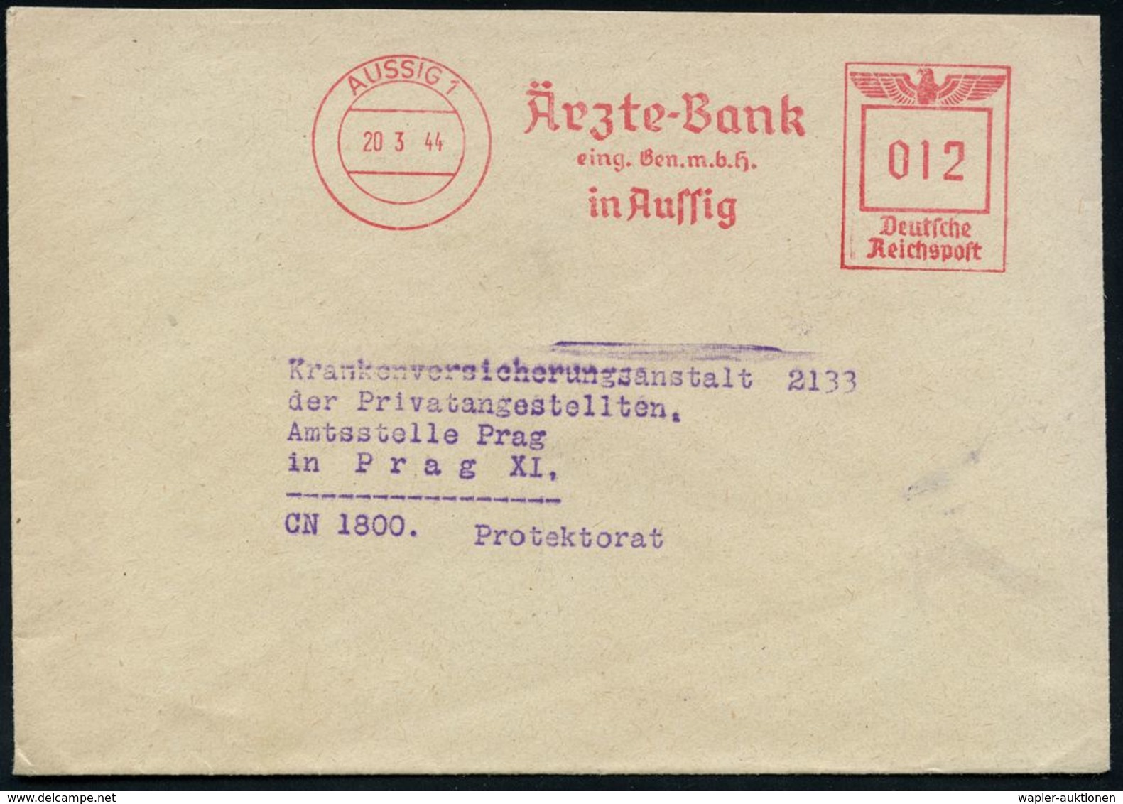 BANK / GELD : AUSSIG 1/ Ärzte-Bank/ Eing.Gen.m.b.H. 1944 (20.3.) AFS 012 Pf. Inl.-Tarif Klar Auf Fern-Bf N. Prag (Dü.E-5 - Ohne Zuordnung